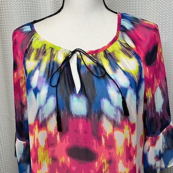 Milly for Design Nation Peasant Top Tie Dye Sheer Tassel Tie Ruffle Sleeves XS - Picture 3 of 11